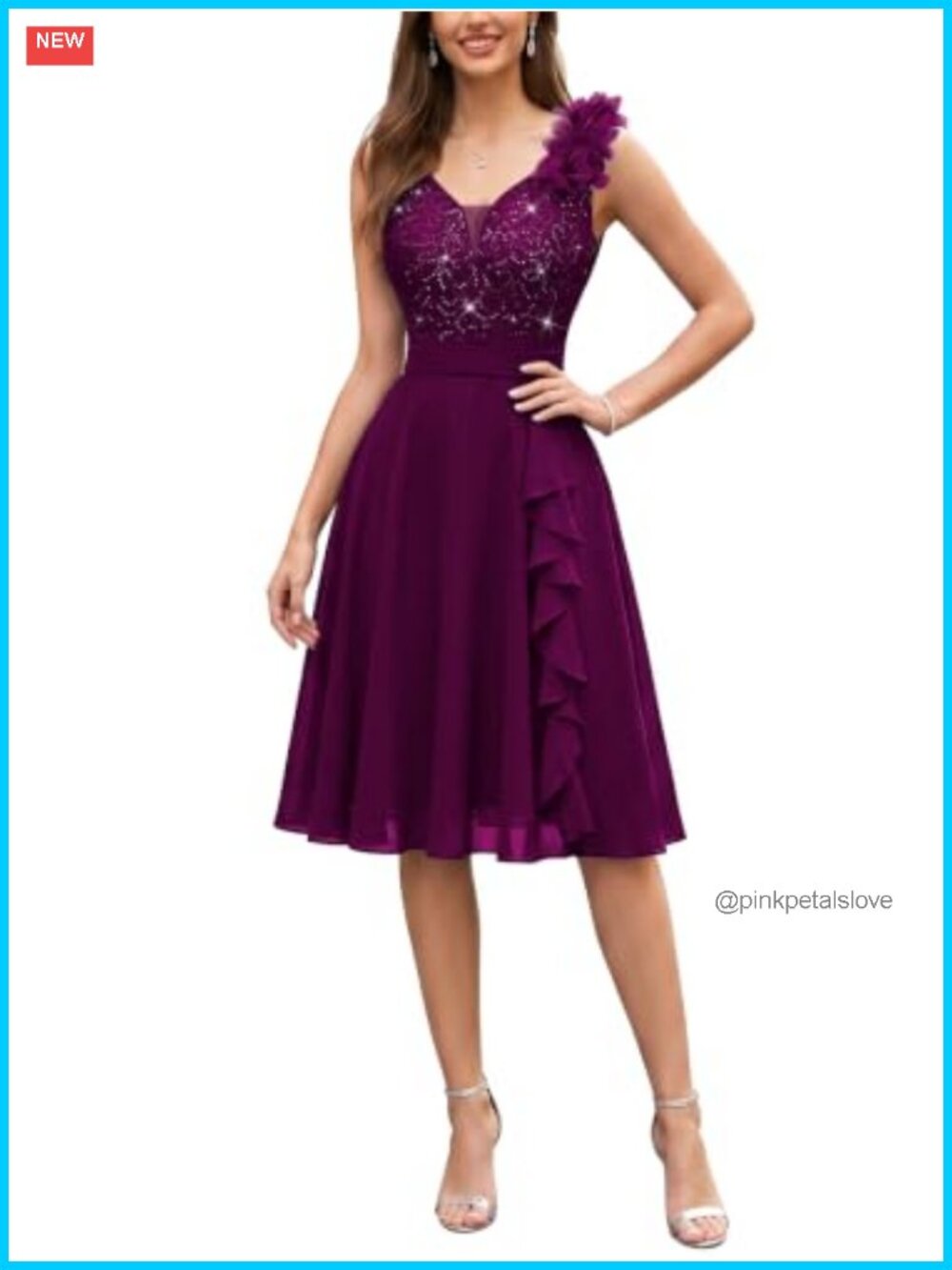Sequin Floral Lace V-Neck Sleeveless Ruffle A-Line Cocktail Party Dress
